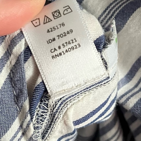 Loft • Striped Ruffle Henley Blouse Blue Cream - Picture 3 of 5